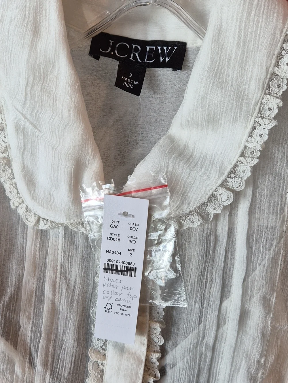 NWT J. Crew Sheer lace-trim button-up shirt